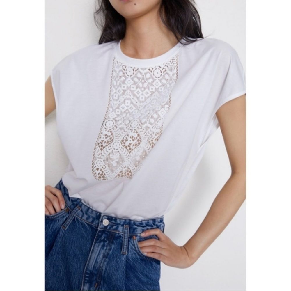 Zara White Lace Front capped sleeve t shirt